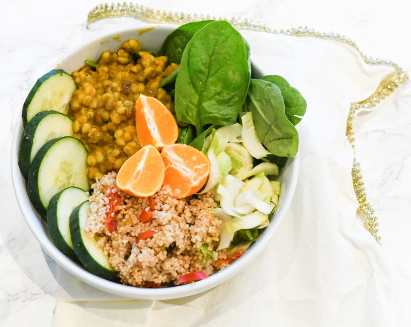 Healthy buddha bowl with vegetables grains and fruit